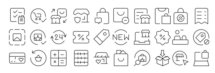 E-Commerce set of web icons in line style. Online shopping icons for web and mobile app. Business, mobile shop, digital marketing, bank card, gifts, sale, delivery. Vector illustration
