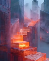 Surreal Crimson Ascent A Mystical Stairway to the Unknown Within an Abstract Cityscape