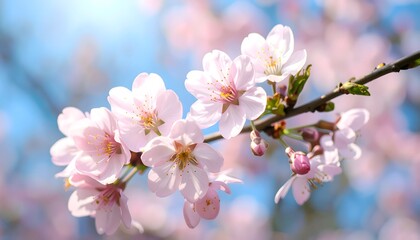 Obraz premium A close-up shot of a branch of delicate pink cherry blossoms in full bloom, set against a soft, blurred background of blue sky and bokeh.