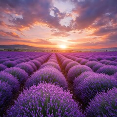 Obraz premium Lavender field sunset, vibrant purple blooms, beautiful sky. Use nature background high resolution for isolate image