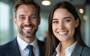 Bright smiles of two office workers. High quality