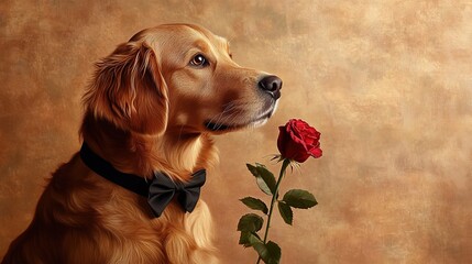 Gentle Golden Retriever with Black Bow Tie and Red Rose in Warm Scene: Ideal for Pet Theme Design and Romantic Holiday Materials