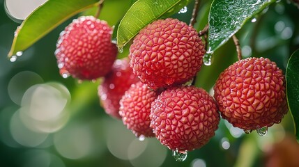 Fresh Red Lychee with Water Droplets Close-up: Lush Green Leaves Highlighting Plump Fruit for Fruit Poster Design, Food Promotion and Healthy Eating Campaigns