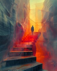 A solitary figure ascending a fiery staircase within a mysterious, abstract geometric environment