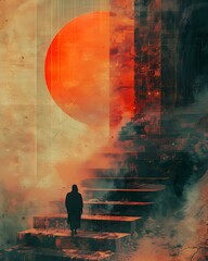 Mysterious cloaked figure on a journey up ancient steps to an otherworldly orange portal of light