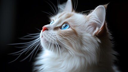 Close-Up High-Detail Portrait of Light-Colored Cat (Striking Blue Eyes, White/Cream Fur) Dark Featureless Background