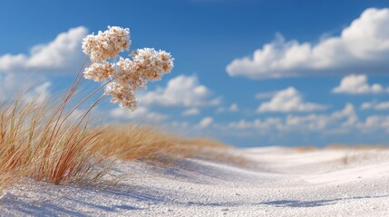 Fluffy grasses and flowers on a sandy beach.