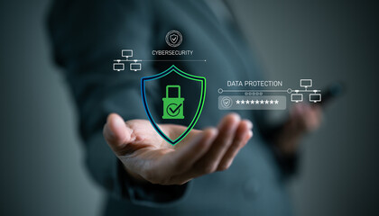 Cybersecurity, IT security, digital privacy and data protection concept. Businesswoman showing shield with lock on hand, network connection and password for protect data communication online.