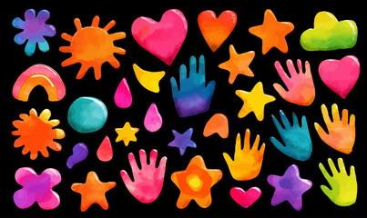 Naklejka premium A vector graphic design of various shapes and colors representing different elements such as clouds, suns, stars, flowers, hearts, hands, etc., with watercolor textures on a black background.