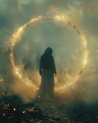 Mystical Encounter A Woman's Journey Through a Glowing Portal in an Enchanted Realm
