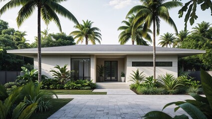 Fototapeta premium a modern architectural style, featuring a single-story house with a flat roof and a minimalist design. The exterior is characterized by clean lines and a neutral color palette, with large windows and 