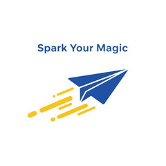 Creative flat vector icon — paper airplane flying forward with dynamic streaks, solid blue + yellow