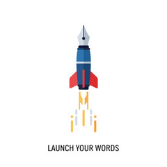 Creative flat vector icon — Flat vector 2D design rocket pen icon with quote Launch Your Words