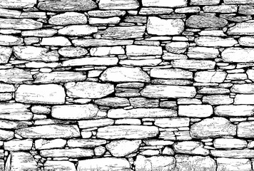 
Black and white vector drawing of a stone wall texture, seamless pattern.