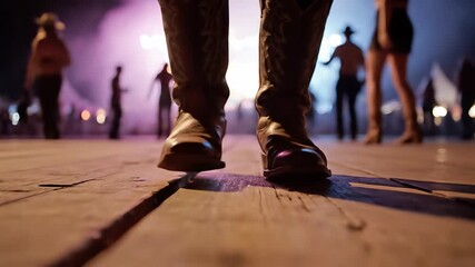 Slow-Motion Tracking Shot of Western Boots Tapping on Rustic Timber Floor with Festival Lights and Dancing Silhouettes - Powered by Adobe