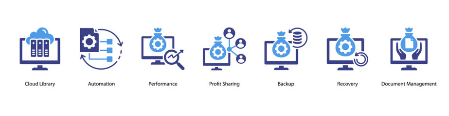 Cloud Efficiency web banner vector illustration featuring Cloud Library, Automation, Performance, Profit Sharing, Backup, Recovery, and Document Management.