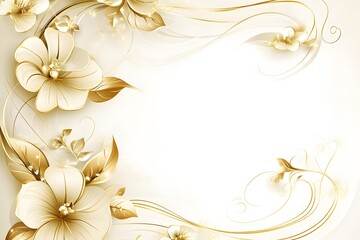 Naklejka premium Elegant floral border with delicate cream and gold blossoms and swirling decorative vines on a soft textured background for invitations and graphic design