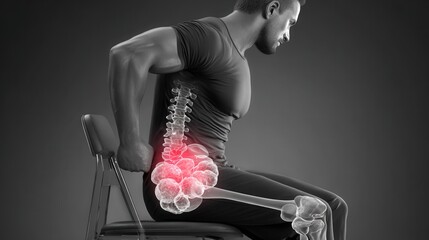 Photorealistic image of man sitting uncomfortably with transparent overlay of rectal anatomy highlighting inflamed hemorrhoids.