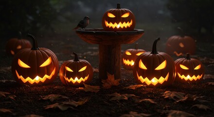 Jackolanterns glow eerily on grass at dusk a bird sits on a pedestal amid leaves
