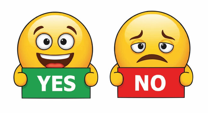 Two cartoon emoji faces, one happy with a yes sign and one sad with a no sign, isolated on a white background, representing choice and decision making