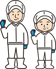 ガッツポーズをする工場で働く姿のミドル世代の男性と女性