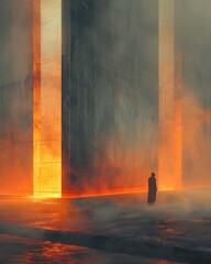 Abstract Wanderer A Lone Figure Contemplating a Monumental Portal