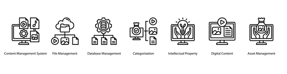 Smart File System web banner vector illustration featuring Content Management System, File Management, Database Management, Categorization, Intellectual Property, Digital Content, and Asset.