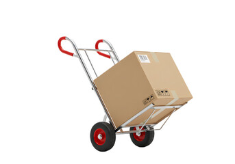Cardboard box on a hand truck, isolation on white background, professional delivery service