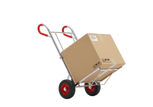 Cardboard box on a hand truck, isolation on white background, professional delivery service