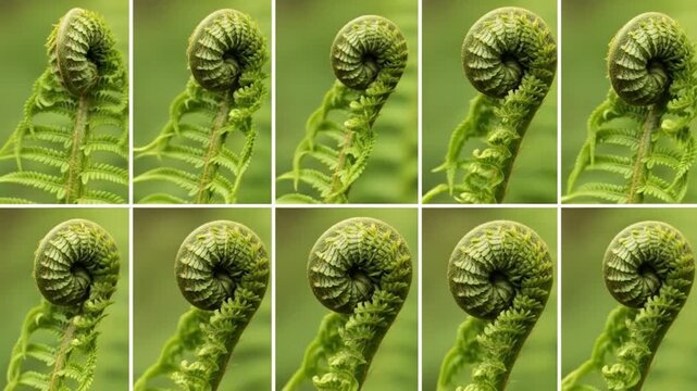 Collage of ten fern fiddleheads each a tight spiral of green leaves Soft focus natural light