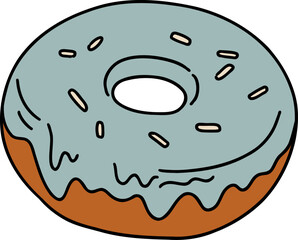 A cartoon donut with blue icing and sprinkles