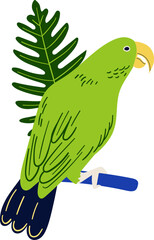 A cartoon green parrot perched on a blue branch