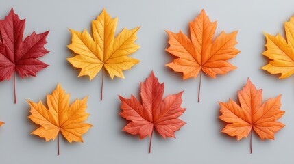 Colorful Autumn Leaves in Red, Yellow, and Orange Arranged on a Light Gray Background for Seasonal Decor and Nature Illustration