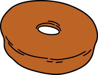 A cartoon donut with a brown base and black outline