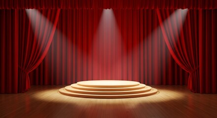 A tiered wooden stage with red velvet curtains and spotlights, creating a dramatic and elegant setting for a performance or award ceremony