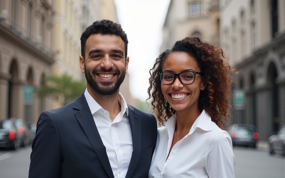 Young happy smiling professional office team of two diverse confident female and male partners business people man and woman standing outdoors on city street looking at camera, corporate portrait.