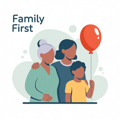 Obraz premium A heartwarming illustration of three generations of women, emphasizing family first, with a child holding a red balloon