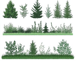 set of forest line cad, minimal isolated on white background Ground cover Illustration for elevation architectural element, side view, grass section Turf coating banners for edging