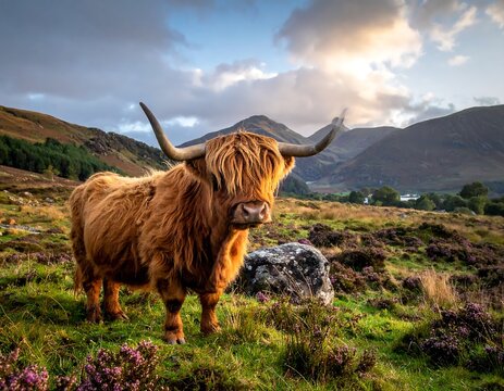 Highland cow in a scenic landscape - Powered by Adobe