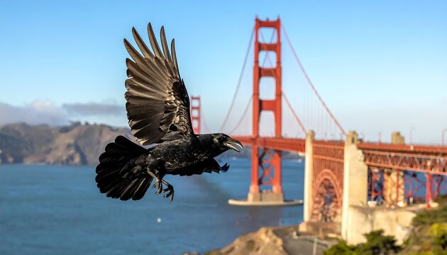 Black bird in flight, iconic bridge backdrop (1) - Powered by Adobe