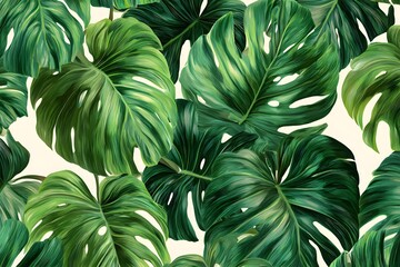 A dense arrangement of vibrant green monstera leaves against a bright background creating a lush pattern