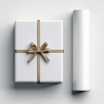 A gift box wrapped in blank white paper with small bow, and a roll of blank white wrapping paper as a mockup 