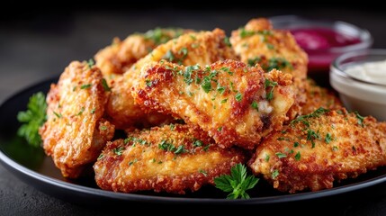 Pile of Golden Crispy Fried Chicken Wings Garnished with Parsley Served on Black Plate with Dipping Sauces Against Dark Background