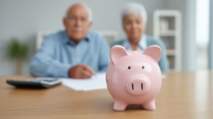 Elderly Couple Planning Finances with Pink Piggy Bank on Table Surrounded by Paperwork and Calculator in Bright Living Room Setting