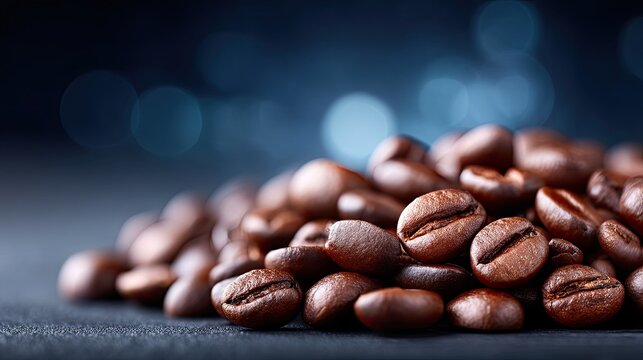 Pile of Roasted Coffee Beans on Dark Surface with Bokeh Background