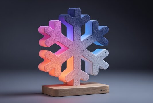 Colorful snowflake light sculpture on wooden base - Powered by Adobe