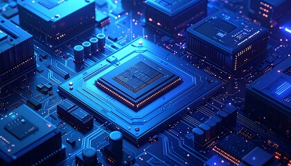 Abstract circuit board,  glowing CPU