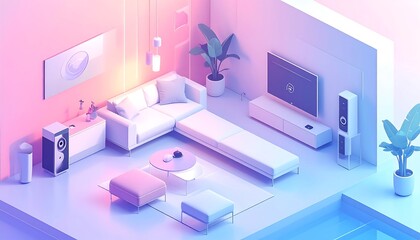 Modern Isometric Living Room with Pink and Blue Lighting.