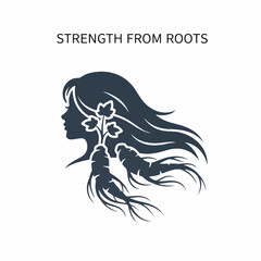 Flat vector 2D icon — Strength from Roots — Herbal Ginseng Woman Silhouette Vector