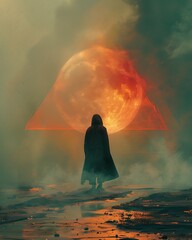Mysterious figure stands beneath a blood moon, bathed in an ethereal glow, contemplating the unknown in a desolate landscape
